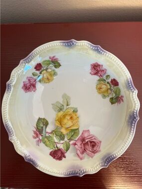 Antique P.K. Silesia Porcelain Bowl, Yellow Pink Roses, Lusterware 1886-1914